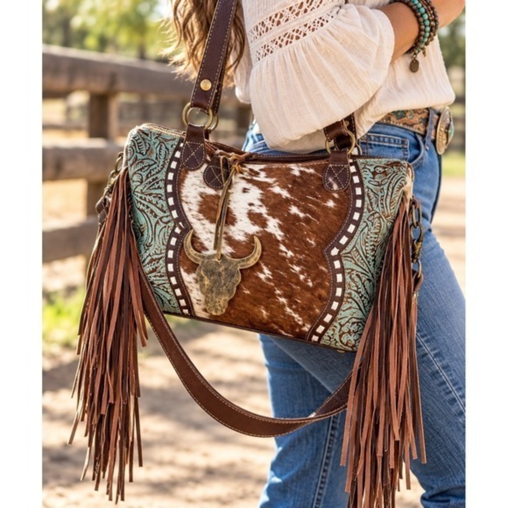 Myra Shoulder Crossbody Bag Hair on Cowhide Brown Turquoise  Western Fringe